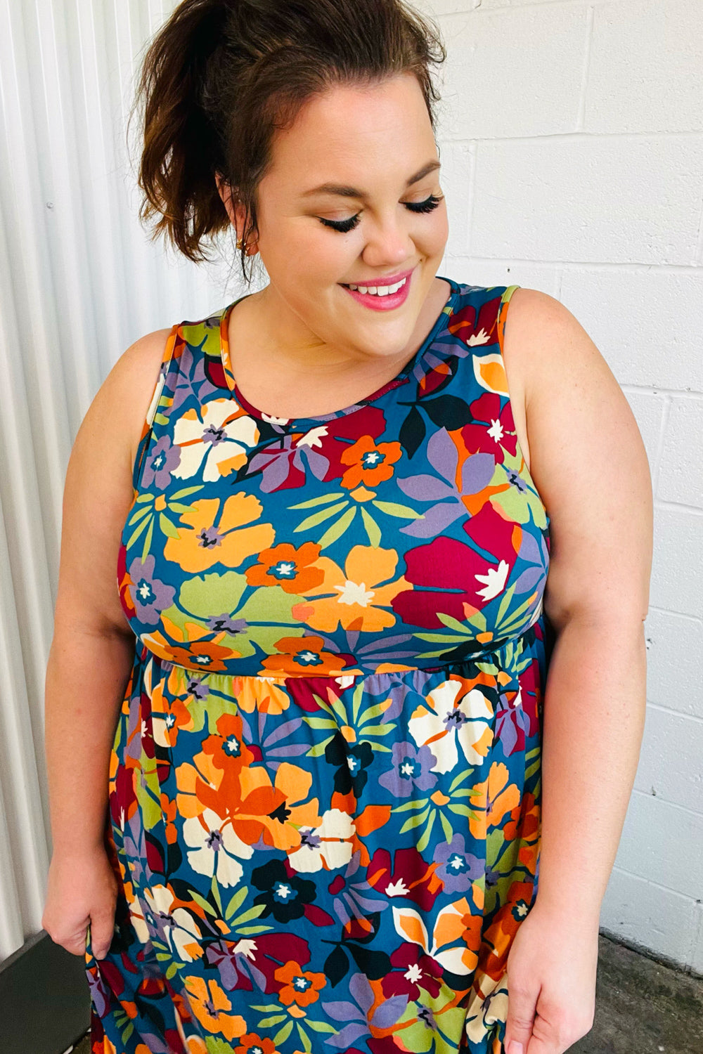 Teal & Maroon Flat Floral Fit and Flare Sleeveless Maxi Dress