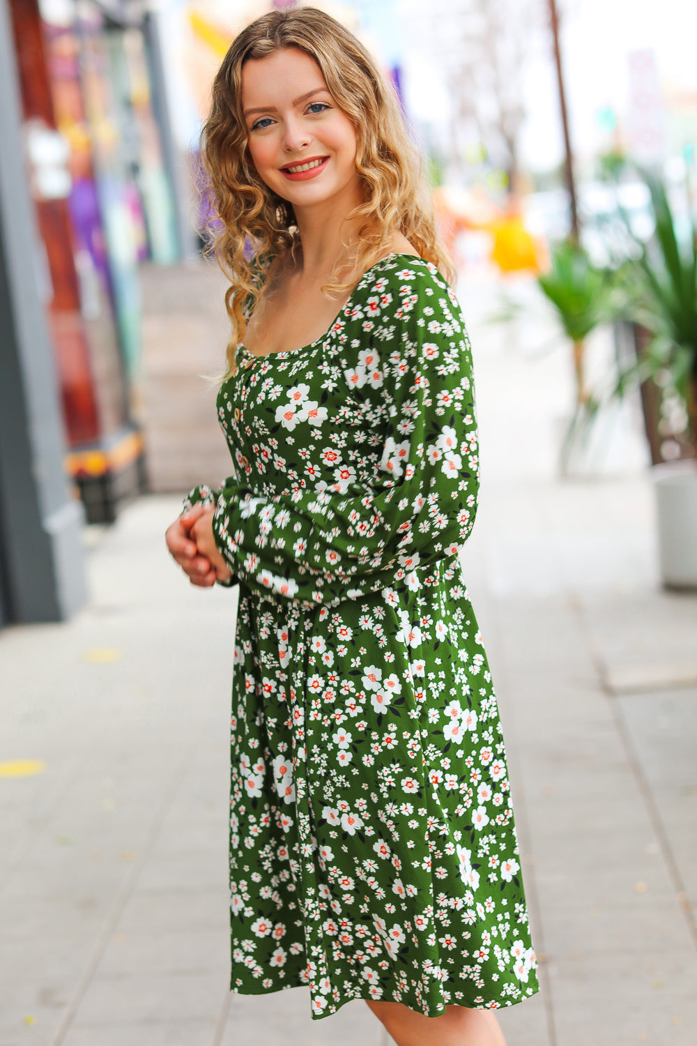 Positive Perceptions Olive Ditsy Floral Square Neck Dress