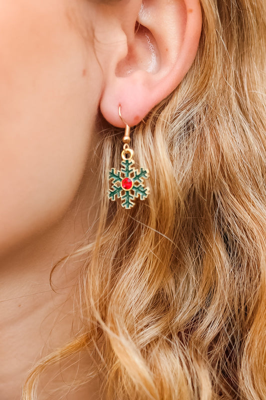 Green Snowflake Metal Dangle Earrings