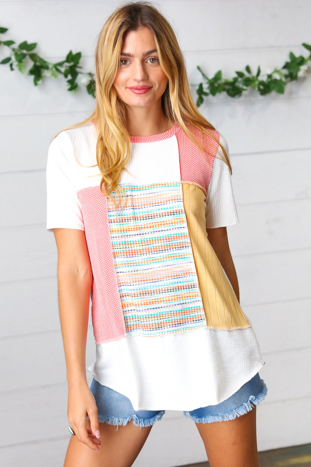 Coral Color Block Patchwork Out Seam Top