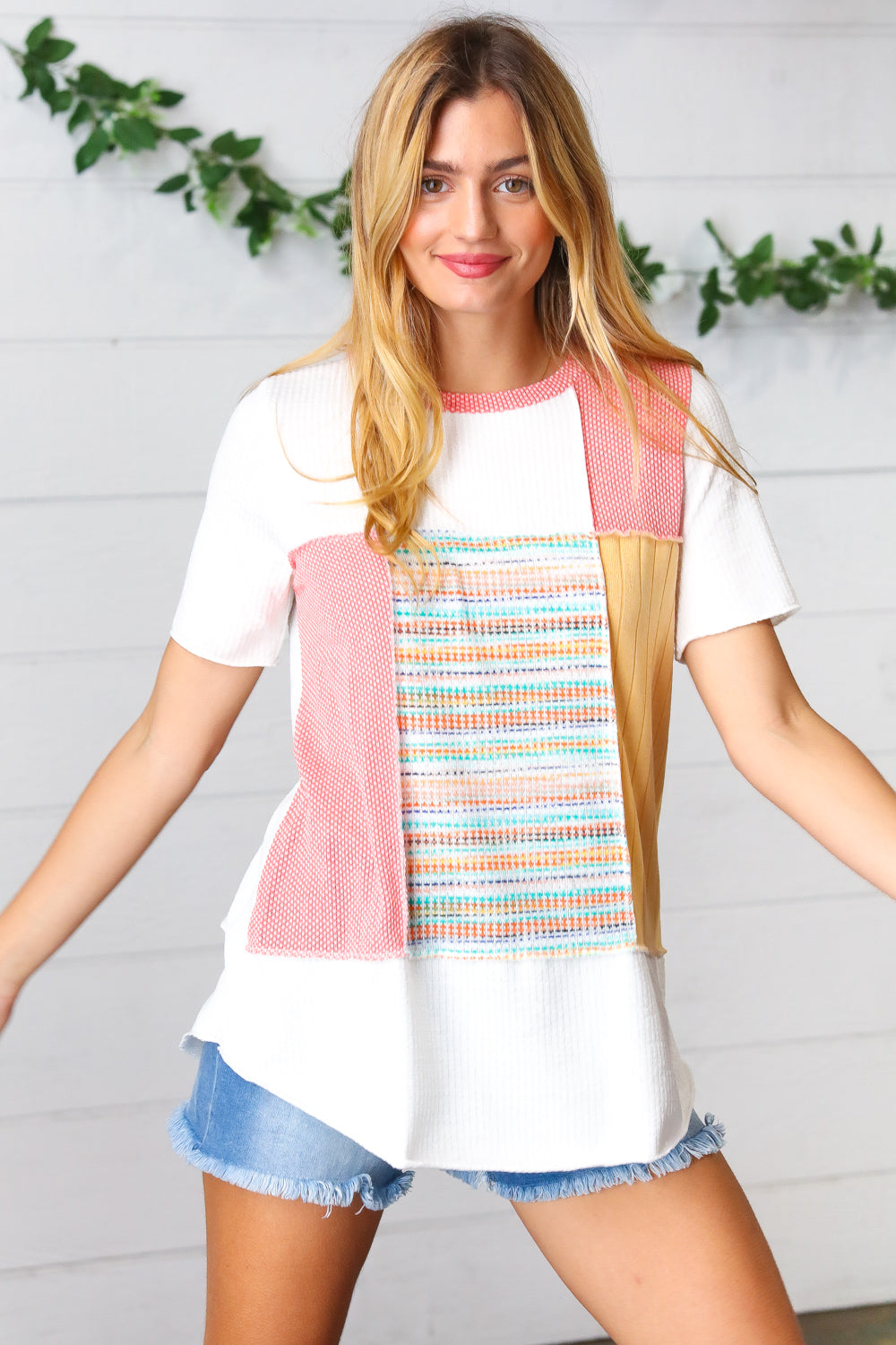 Coral Color Block Patchwork Out Seam Top