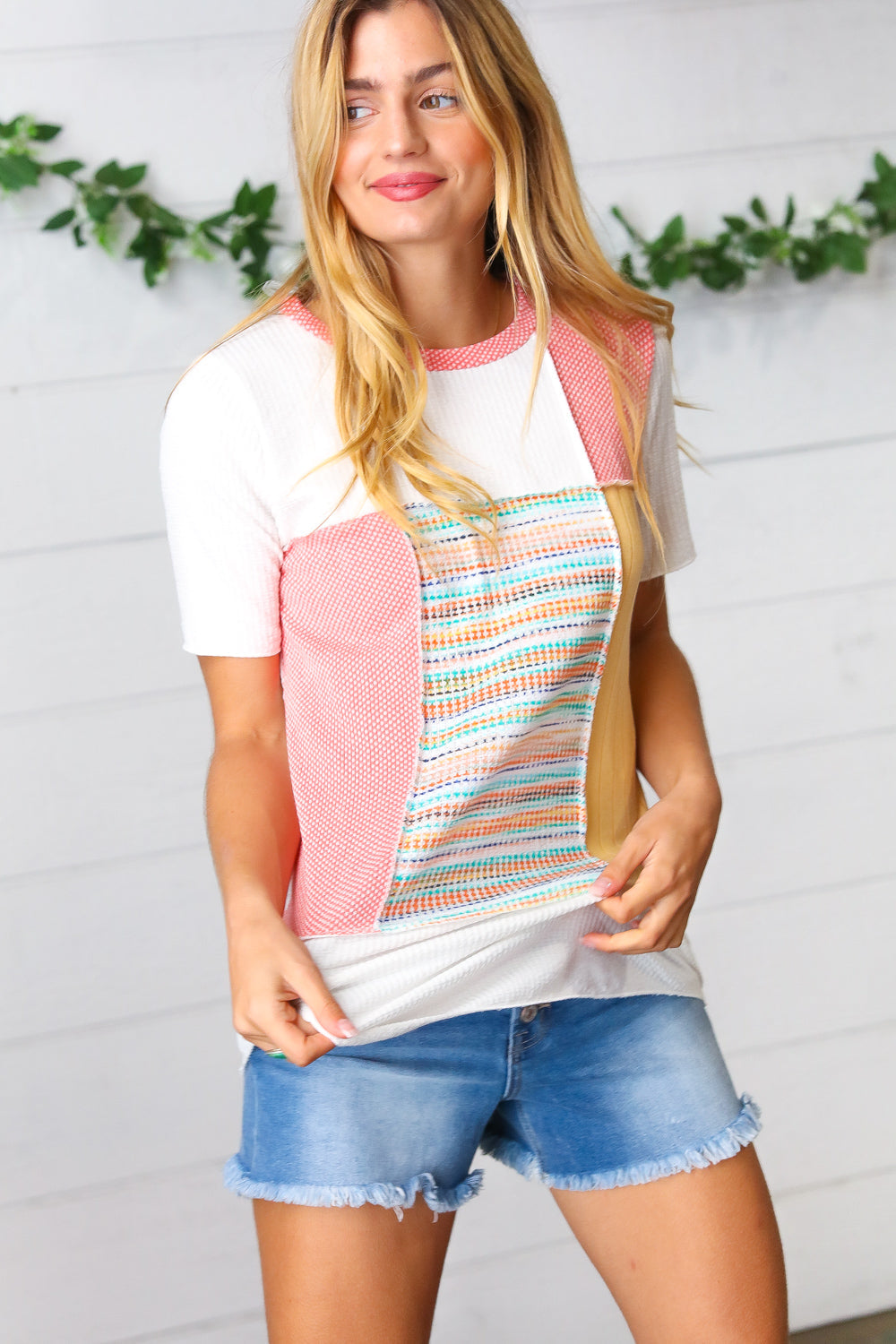 Coral Color Block Patchwork Out Seam Top