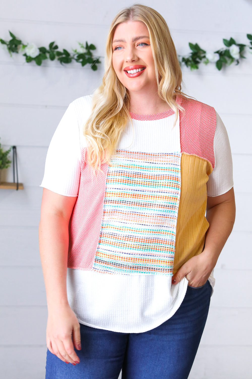 Coral Color Block Patchwork Out Seam Top