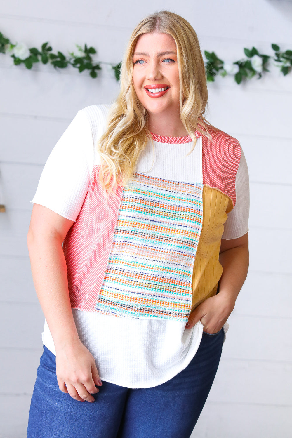 Coral Color Block Patchwork Out Seam Top