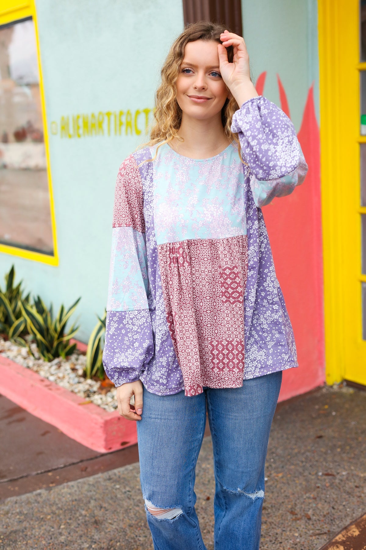 Lavender & Mauve Floral Color Block Top