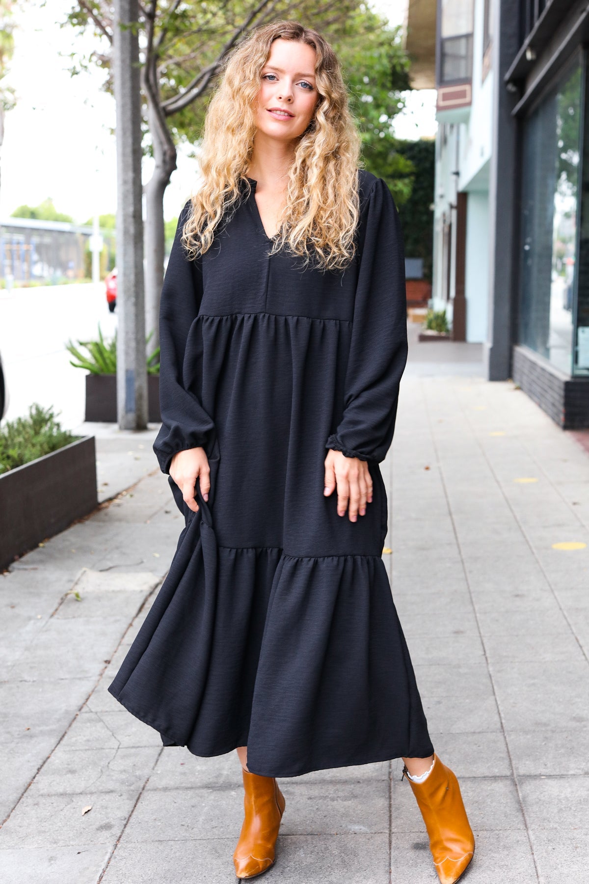 Lock Eyes Black Notched Neck Frill Hem Tiered Maxi Dress