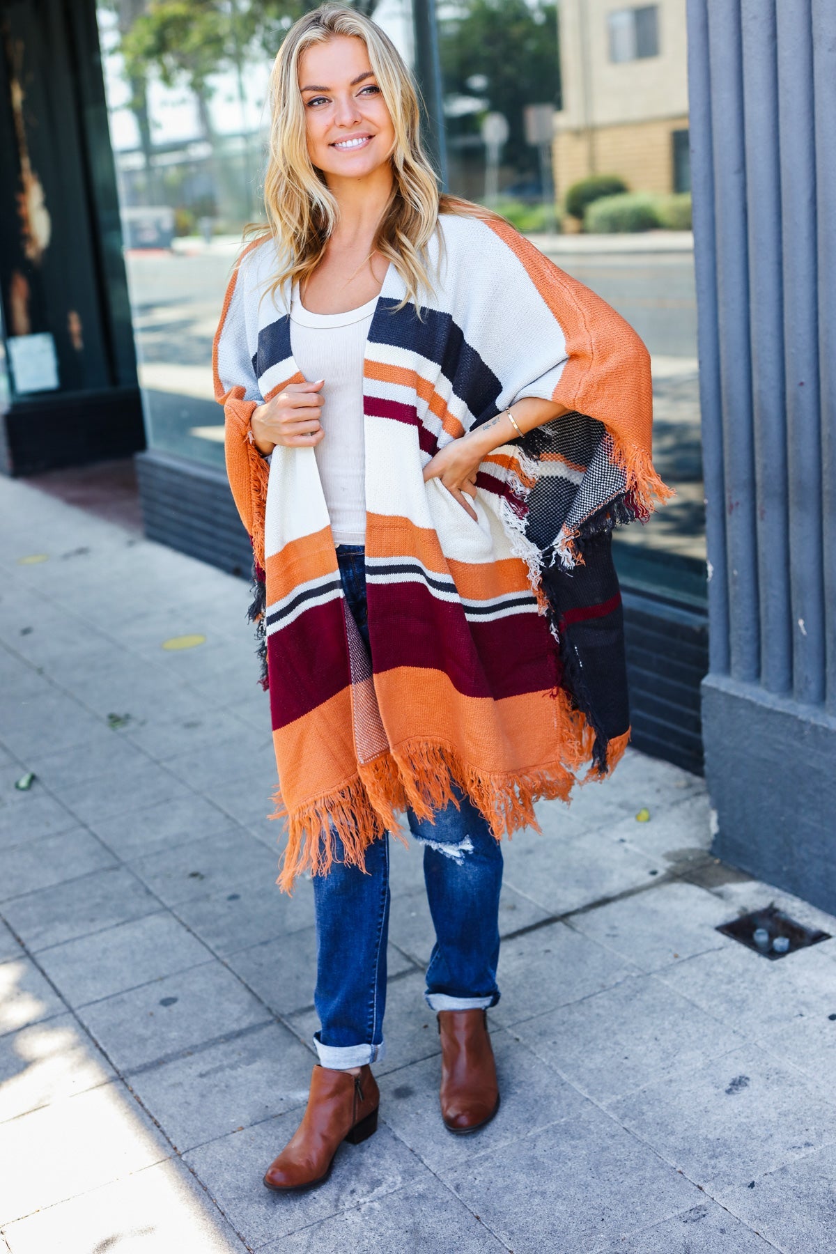 Follow Me Rust Multicolor Stripe Tassel Fringe Open Poncho