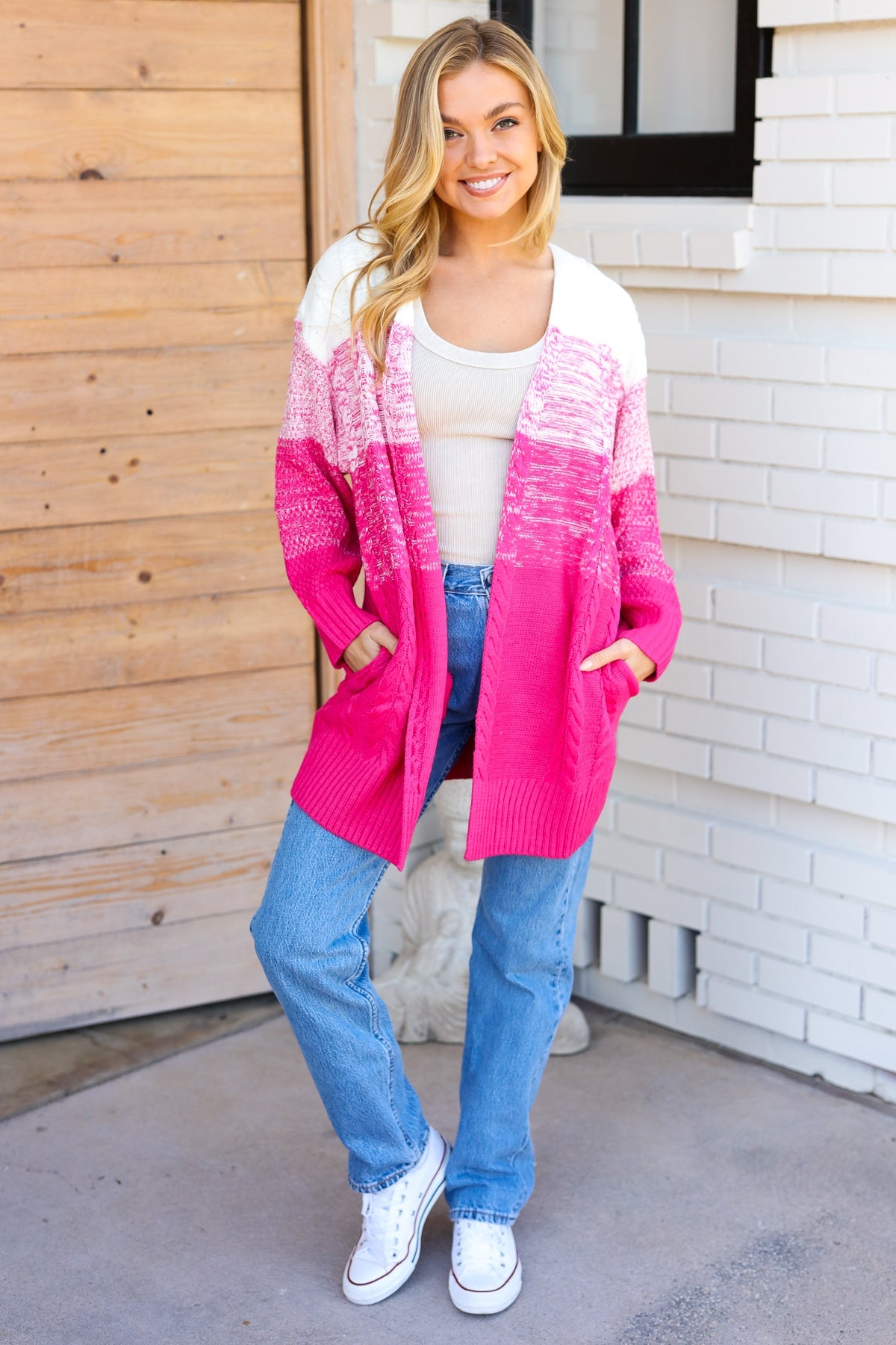 Always Fun Fuchsia Ombre Cable Knit Cardigan