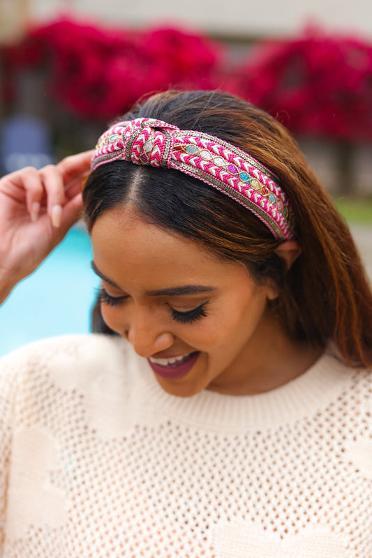 Fuchsia Sequin & Multicolor Glitter Boho Top Knot Headband