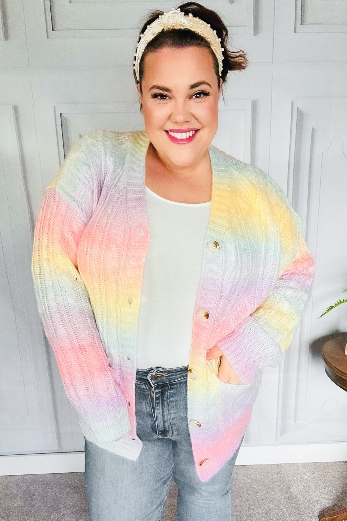 Face The Day Rainbow Ombre Cable Knit Cardigan