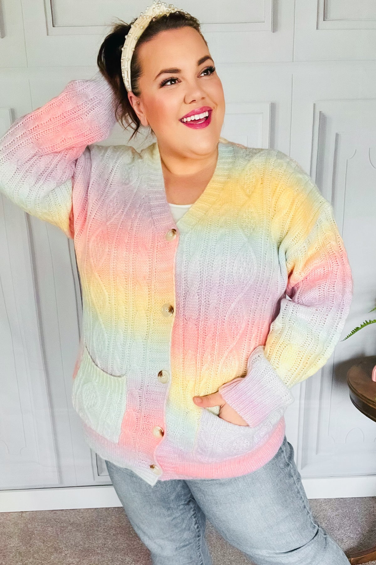 Face The Day Rainbow Ombre Cable Knit Cardigan