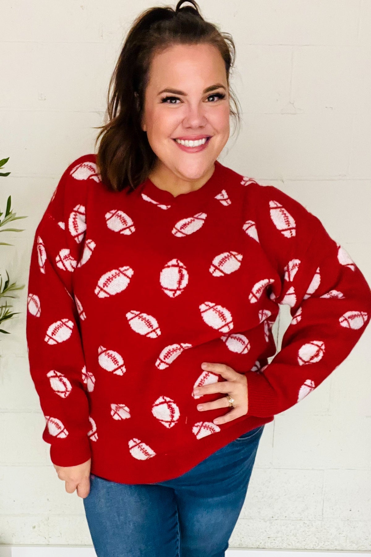 Game Day Red Football Print Jacquard Knit Sweater